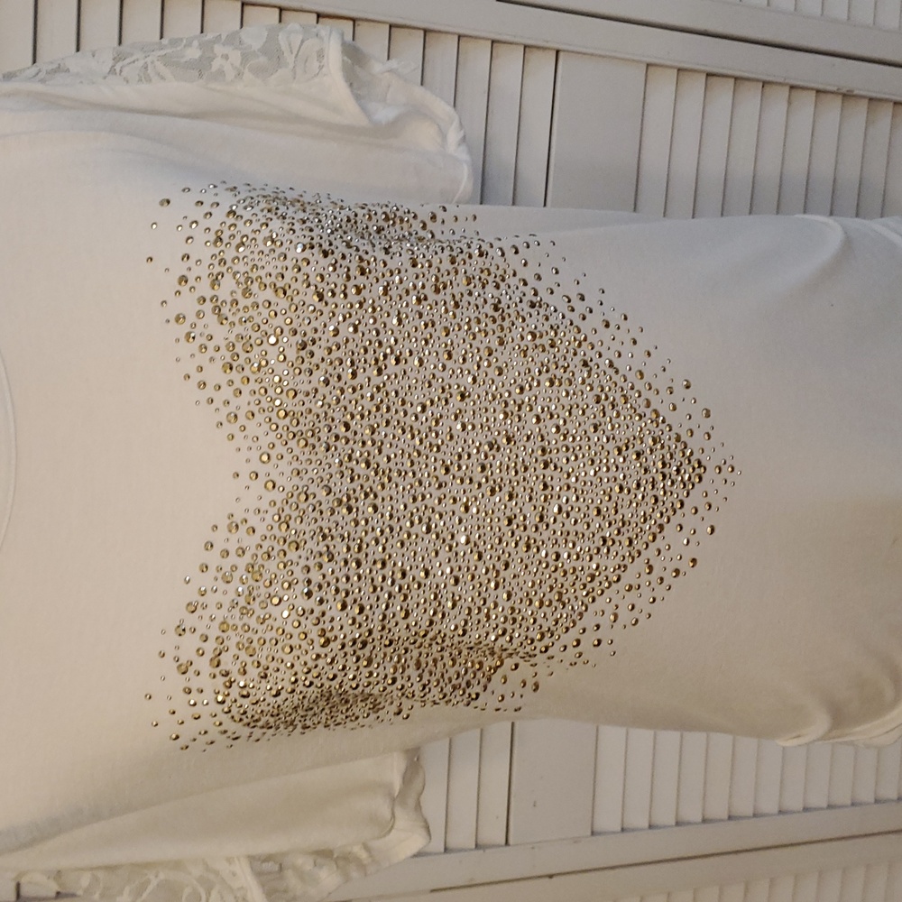 Cream Gold Heart Embellished Top with Lace Sleeves and Back, Italy, Size Large - Picture 2 of 9